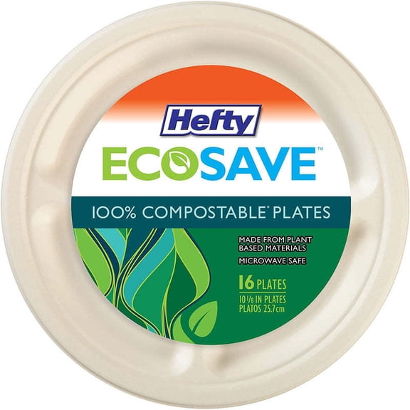 Hefty Ecosave 100% Compostable Plates, 10 1/8 - 16 Count