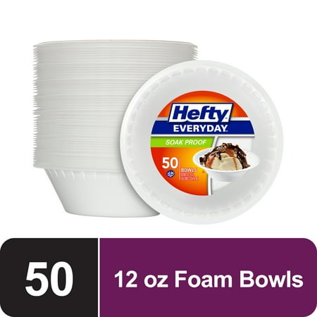 Hefty Everyday Soak-Proof Foam Bowls, White, 12 ounce, 50 Count