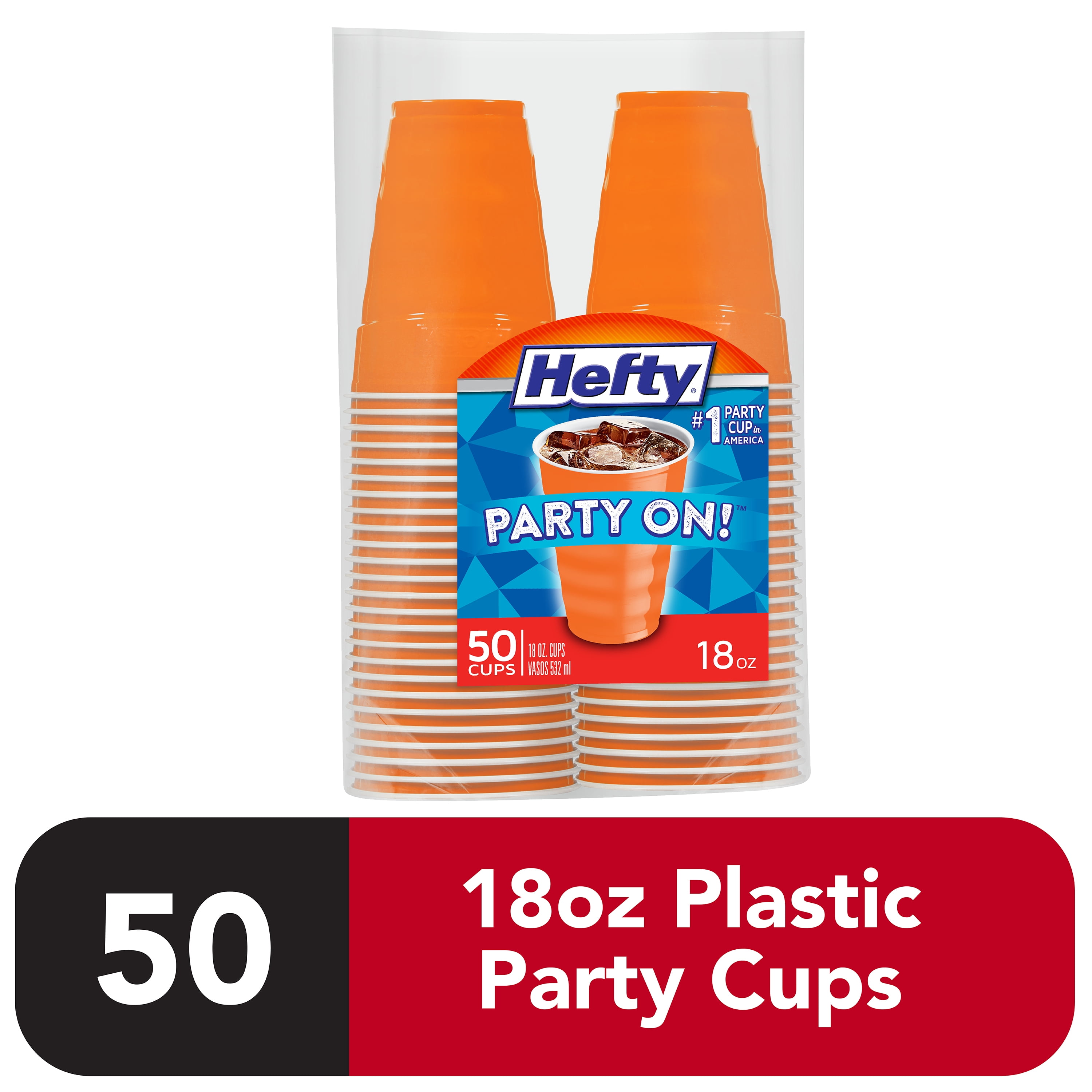 Hefty Everyday Easy Grip Plastic Cups, Orange, 18 oz, 50 count 