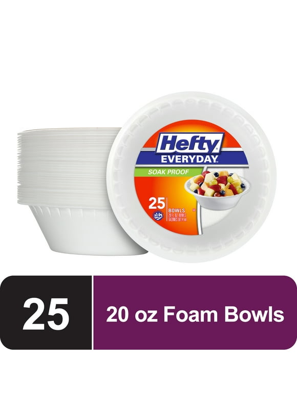 Hefty Everyday Soak-Proof Foam Bowls, White, 20 Ounce, 25 Count