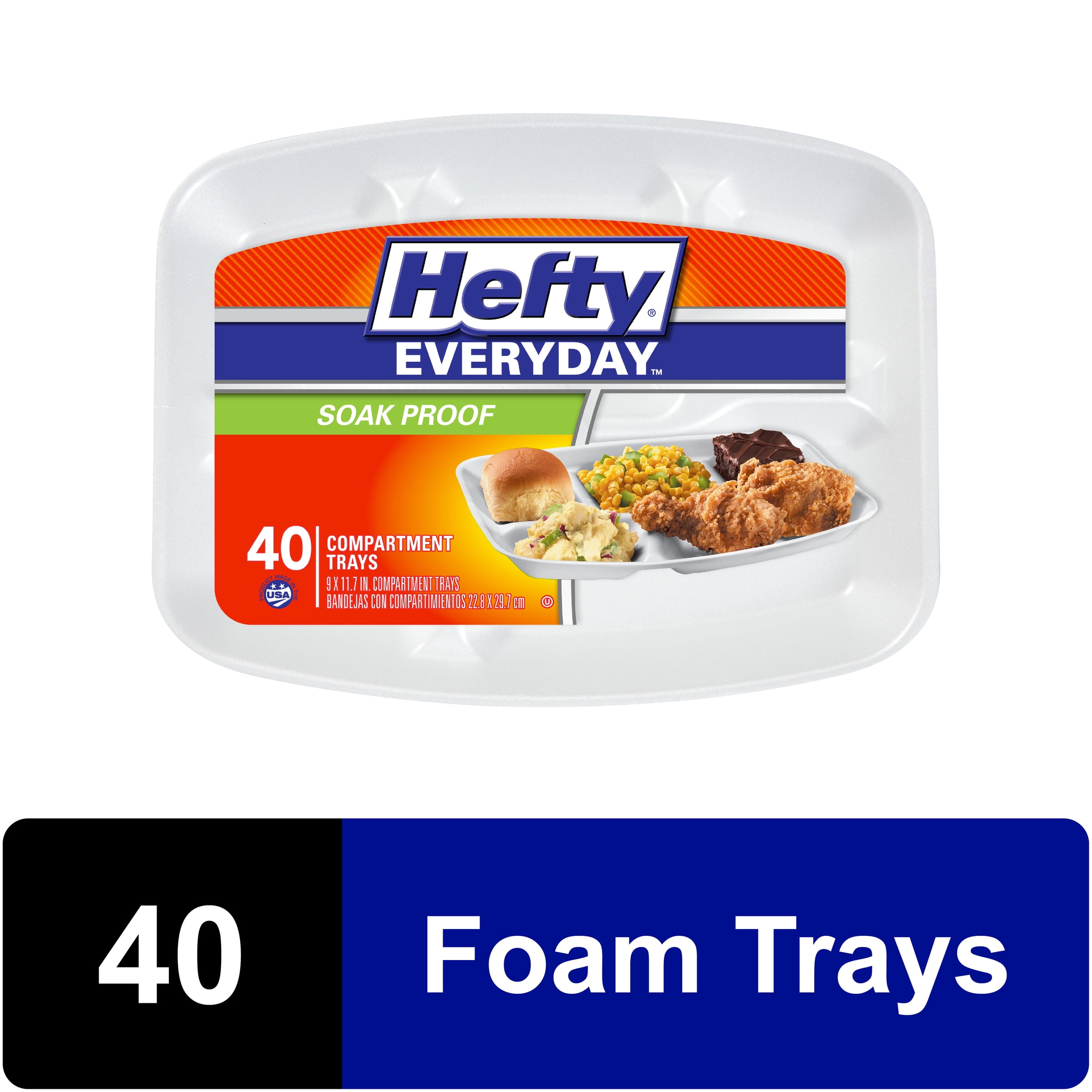  Hefty Everyday Soak-Proof Foam Compartment Tray, White, 9 x 11  Inch, 40 Count (Pack of 6) 240 Total : Health & Household