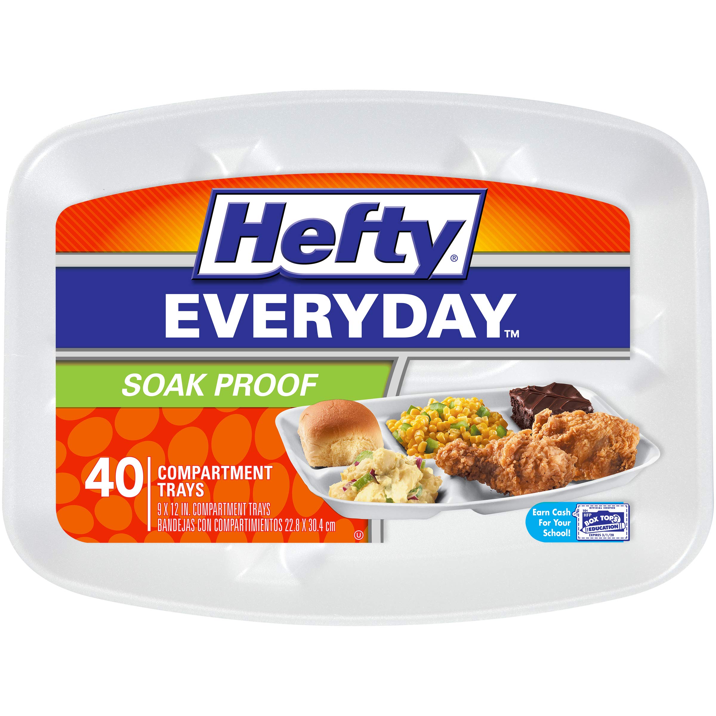 Hefty Everyday SoakProof Foam Compartment Tray, White, 9 x 11 Inch, 40