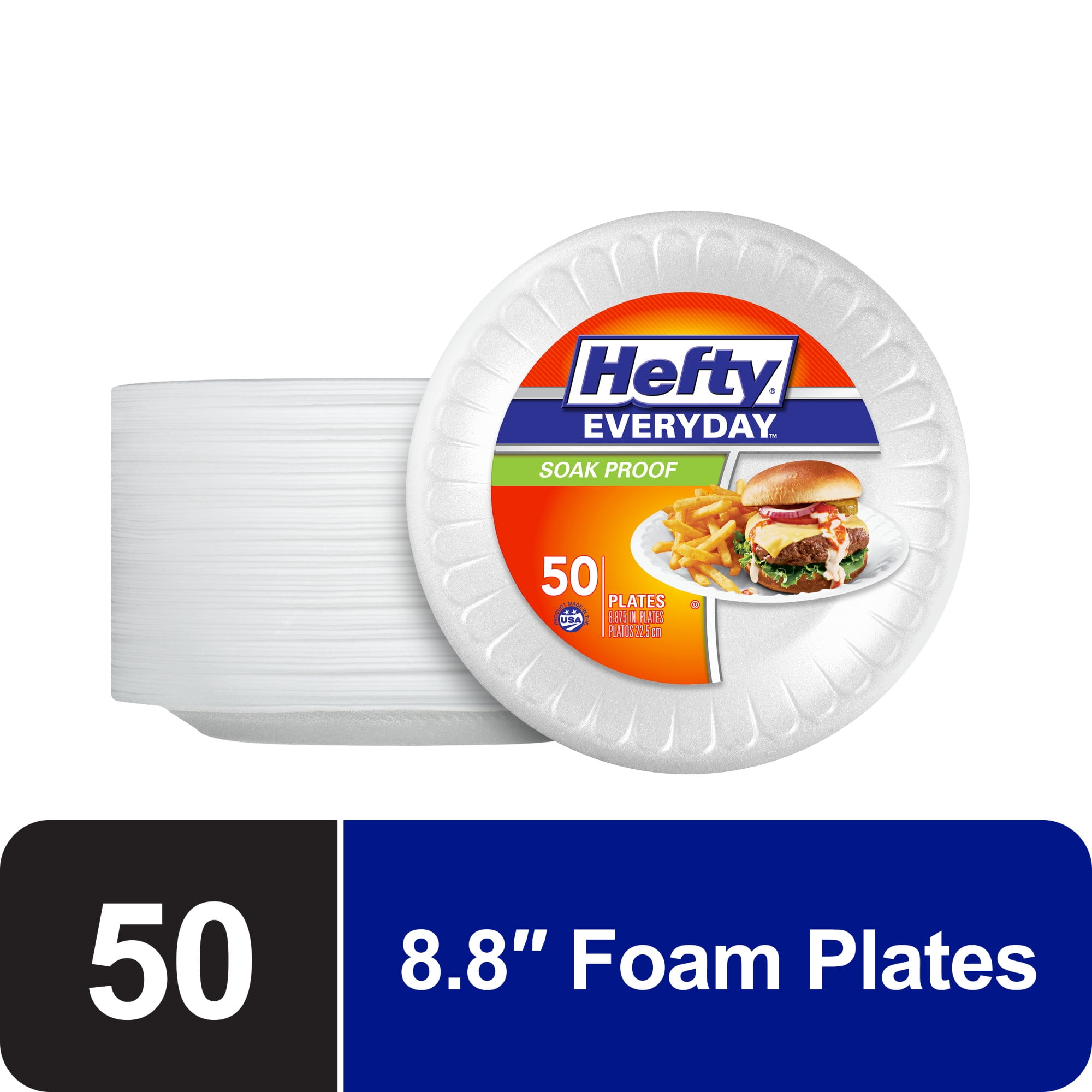 Hefty Everyday Soak-Proof Foam Plates, White, 8.8 inch, 50 Count