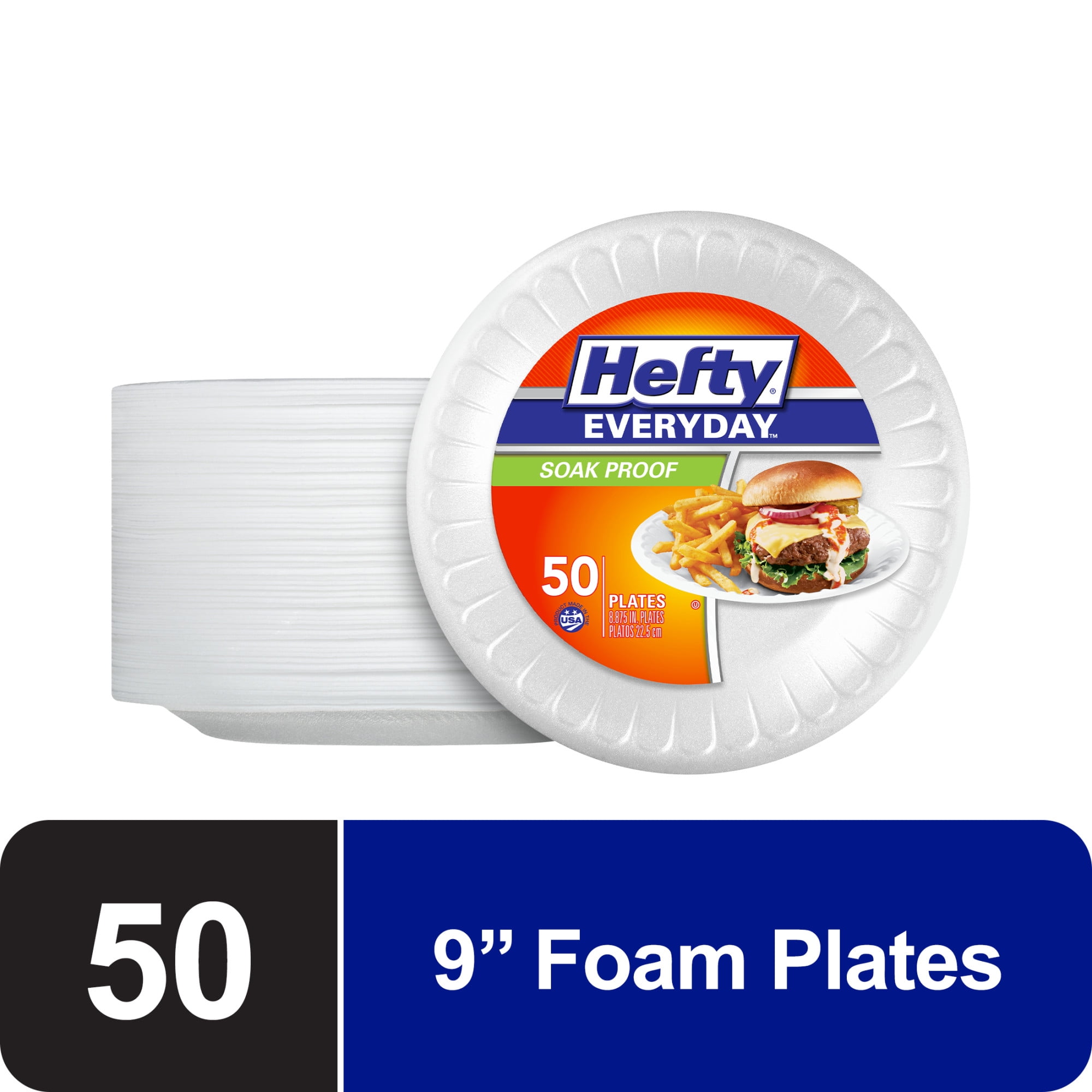 Hefty Everyday Soak-Proof Foam Plates, White, 8.875 inch, 50 Count
