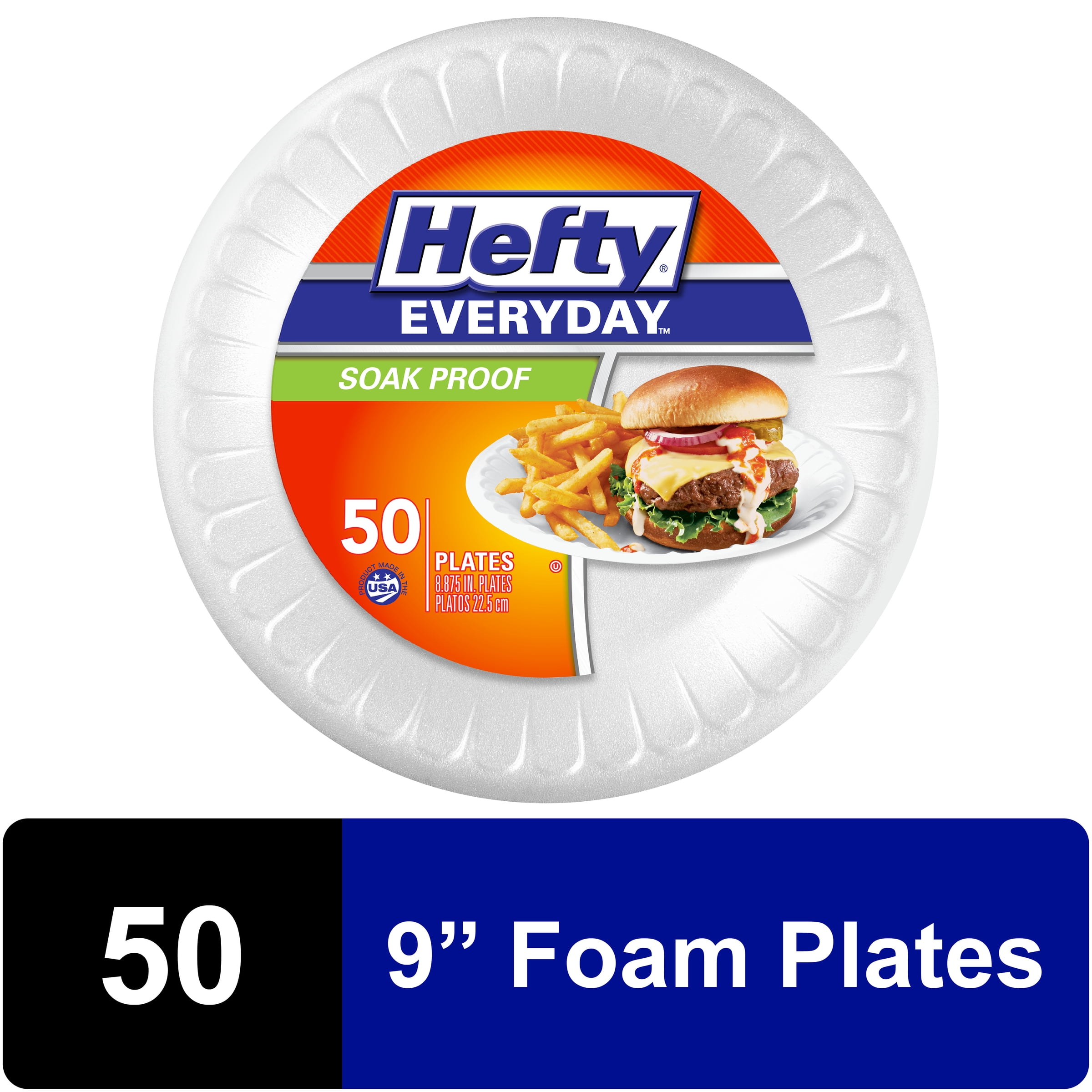 Hefty Everyday Soak-Proof Foam Plates, White, 9 Inch, 50 Count