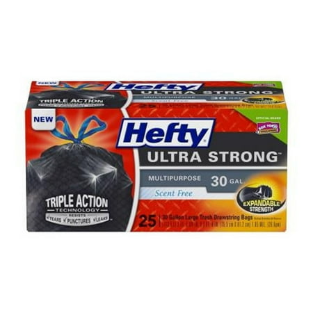 Hefty Expandable Strength Large Drawstring Trash Bags, 30 Gallon, Black, 25 Ct