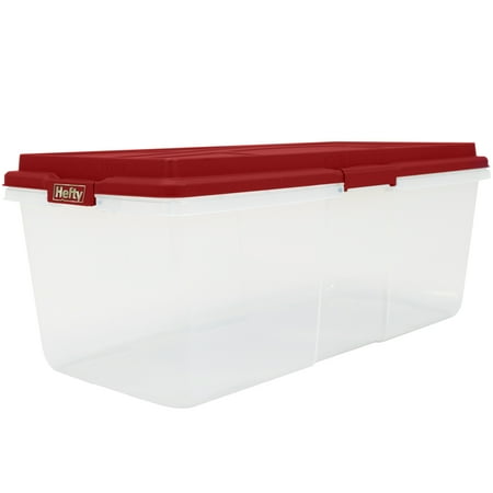 Hefty HI-RISE 113 Quart Clear Plastic Latched Christmas Storage Container, Red Lid