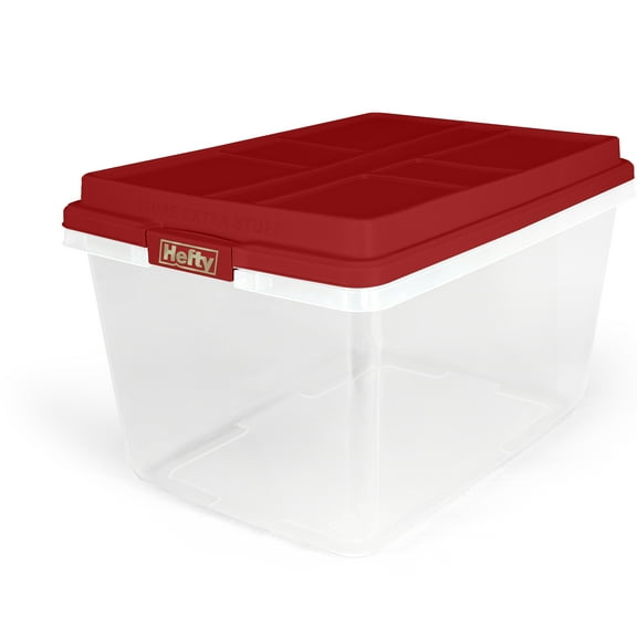 Hefty HI-RISE 72 Quart Clear Plastic Latched Christmas Tote Storage Container, Red Lid