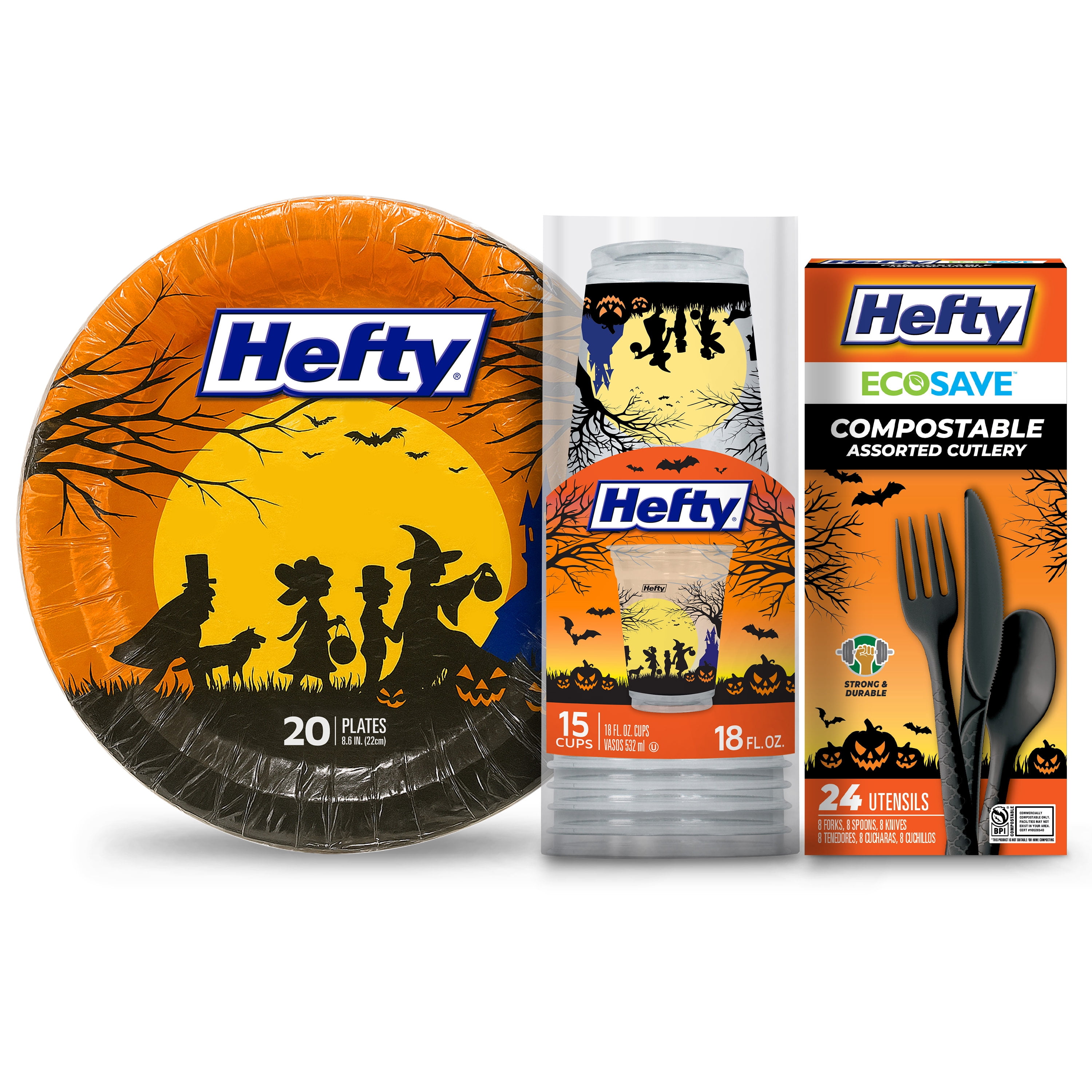 Hefty Halloween Collection Disposable 18oz Plastic Cups 15ct, 8.6 inch Paper Plates 20ct, and ECOSAVE Compostable Assorted Cutlery Set 24ct