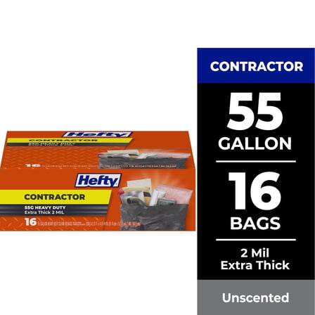 Hefty Heavy Duty Contractor Extra Large Trash Bags, 55 Gallon, 16 Count