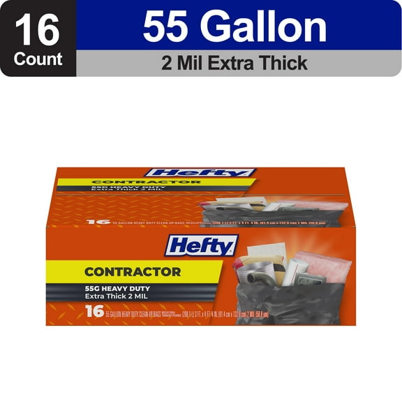 Hefty Heavy Duty Contractor Extra Large Trash Bags, 55 Gallon, 16 Count