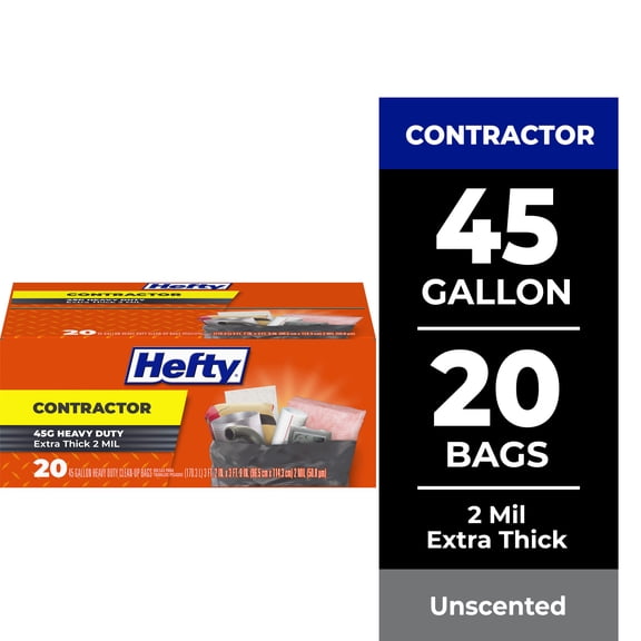 Hefty Heavy Duty Contractor Large Trash Bags, 45 Gallon, 20 Count