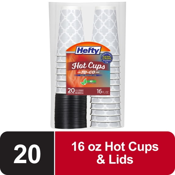 Hefty Disposable Coffee Cups with Lids, 16 ounce, 20 Count