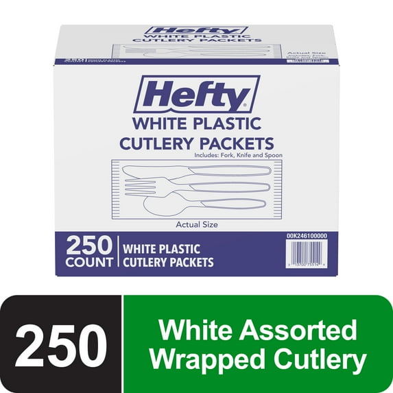 Hefty Wrapped Plastic Utensils Set, White, 250 Count