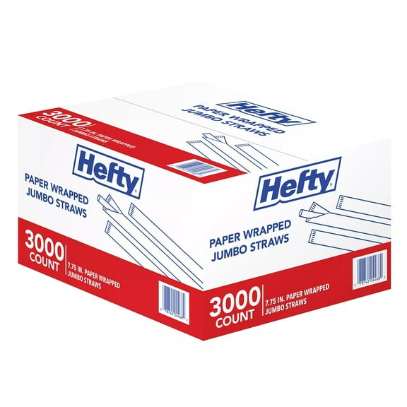 Hefty Jumbo Translucent Wrapped Plastic Straws, 7.75", 3,000 ct.
