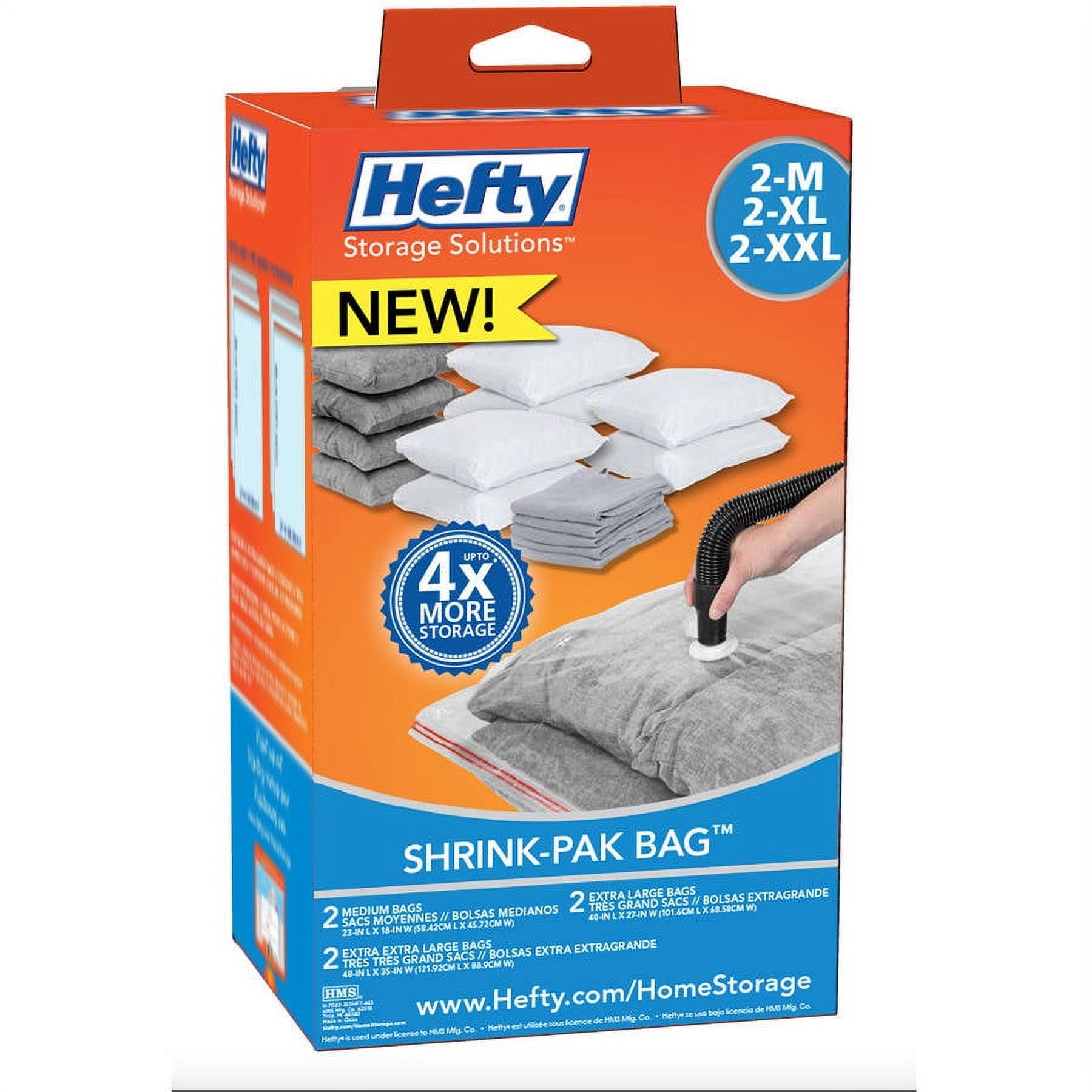 Hefty Shrink-Pak - 2 Medium, 2 Large, 2 XL Vacuum Seal Storage Bags – Space  Saver Bags for Clothing, Pillows, Towels, or Blankets, 6 Pc Set