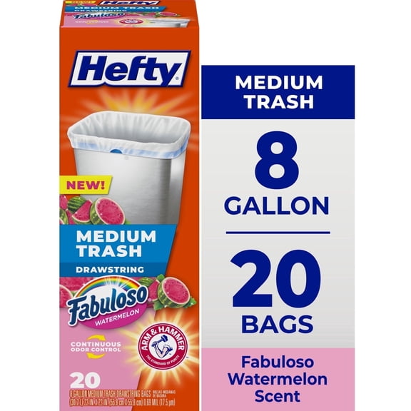 Hefty Medium Trash Bags, Fabuloso Watermelon Scent, 8 Gallon, 20 Count
