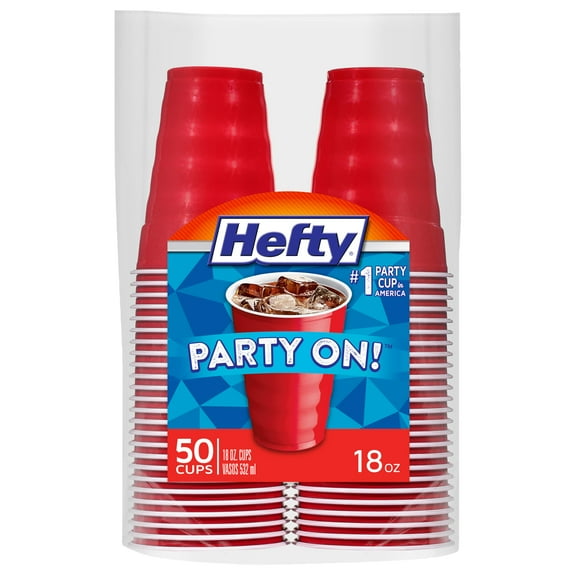 Hefty Party On AJH3Red Plastic Cups, Disposable Plastic Party Cups for Easy Cleanup and Large Gatherings, Red Cups for BBQs, Birthdays, Parties, and More, 18 Ounce, 50 Count