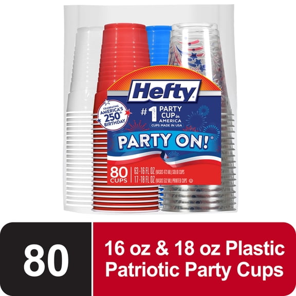 Hefty Party On Disposable Plastic Party Cups, Patriotic Assorted Colors and Festive Print, 16 oz. & 18oz., 80 Count