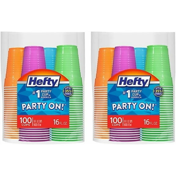 Hefty Party On Disposable Plastic Cups, Assorted, 16 Ounce, 100 Count (Pack of 2)