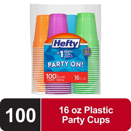 Hefty Party On Disposable Plastic Cups, Assorted Colors, 16 oz, 100 Count