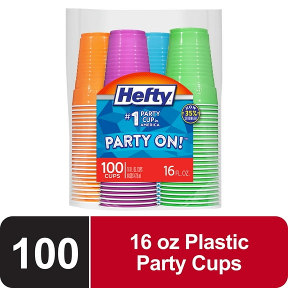 Hefty Party On Disposable Plastic Cups, Assorted Colors, 16 oz, 100 Count