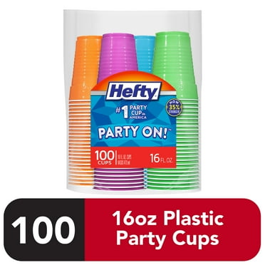 Hefty Party On Disposable Plastic Cups, Assorted Colors, 16 oz, 100 Count