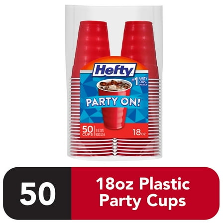 Hefty Party On Disposable Plastic Cups, Red, 18 oz, 50 Count