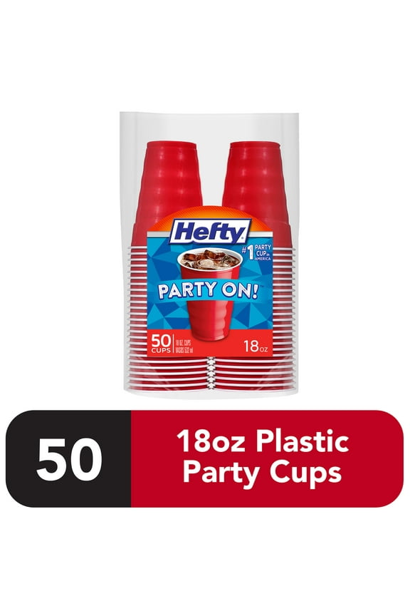 Party On Disposable Plastic Party Cups, Red, 18 oz., 50 Count