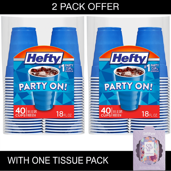 Hefty Party On Disposable Plastic Party Cups, Blue, 18 oz (40 Count)