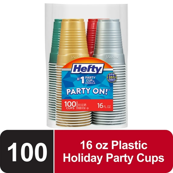 Hefty Party On Disposable Plastic Party Cups, Holiday Assorted Colors, 16 oz., 100 Count
