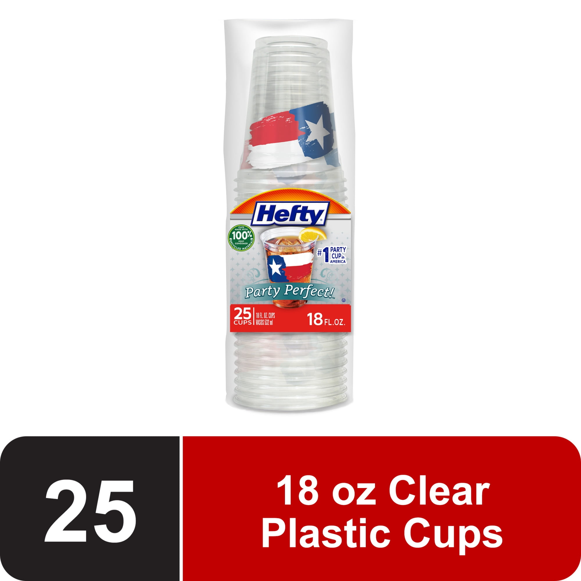 Hefty Party Perfect Disposable Clear Plastic Cups, Texas Print, 18 oz., 25 Count