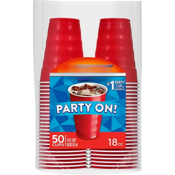Hefty Party On Red Plastic Cups, Disposable Plastic Party Cups for Easy Cleanup and Large Gatherings, Red Cups for BBQs, Birthdays, Parties, and More, 18 Ounce, 50 Count