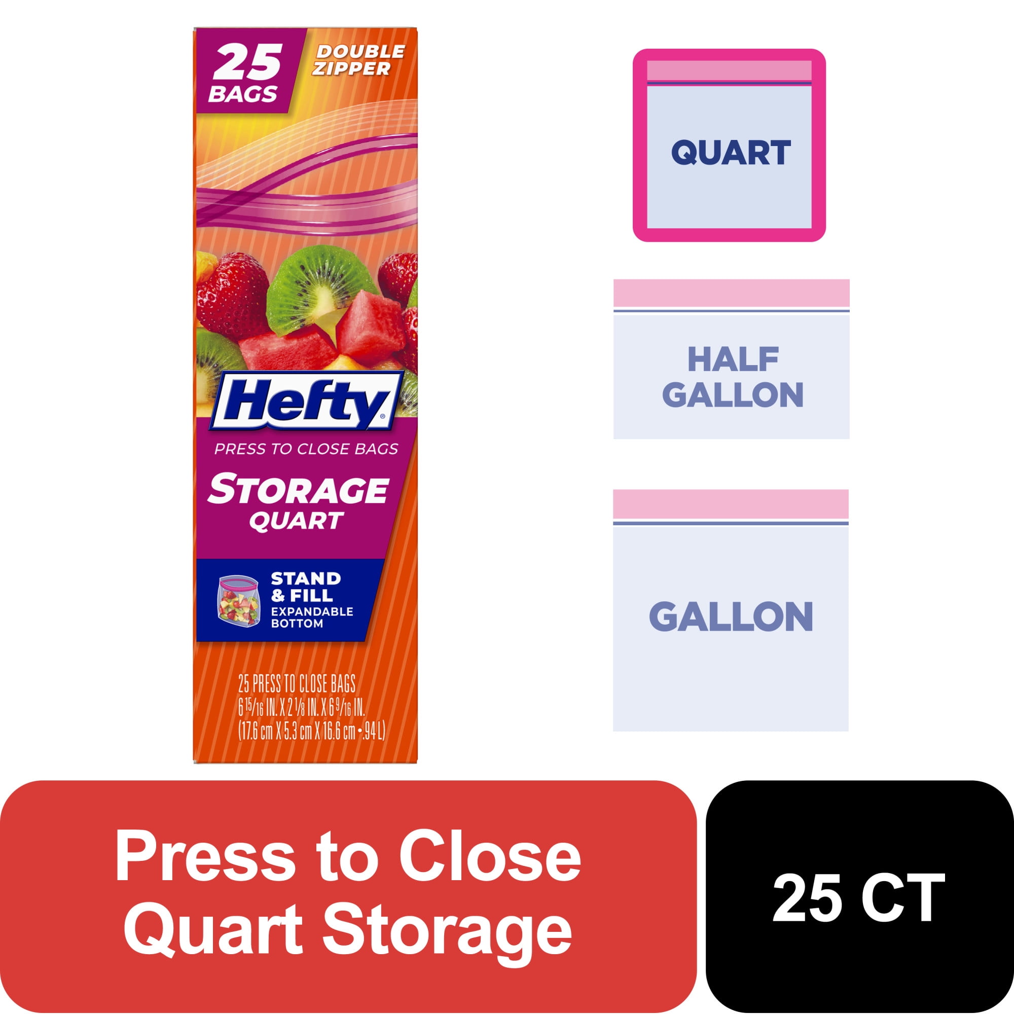 Hefty Press to Close Quart Storage Bags, 25 Count