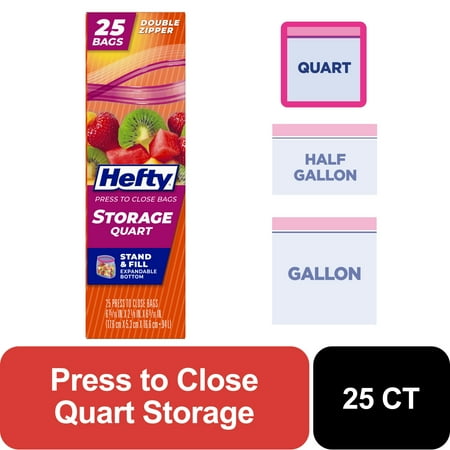 Hefty Press to Close Quart Food Storage Bags, 25 Count