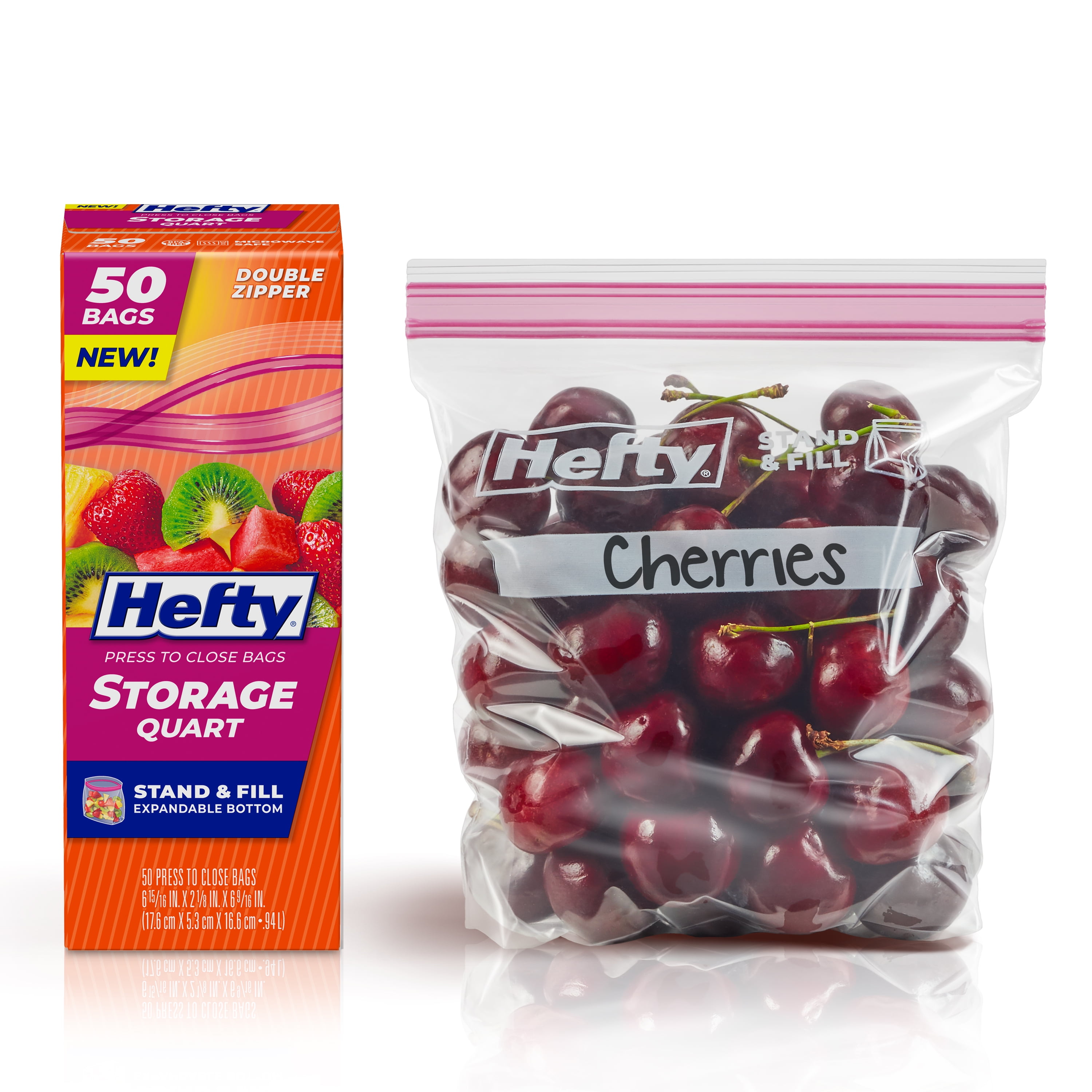 Hefty Press to Close Plastic Bags for Food Storage, Quart Size, 50 Count 