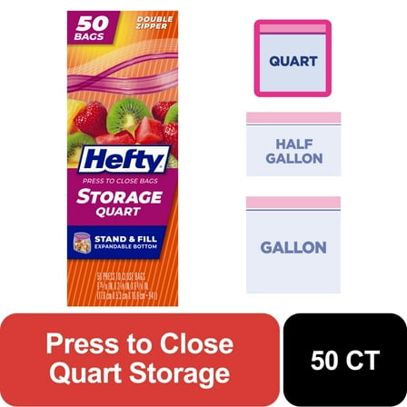 Hefty Press to Close Quart Food Storage Bags, 50 Count