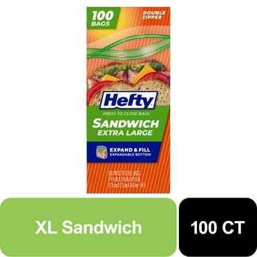 Hefty Press to Close Plastic Bags for Food Storage, XL Sandwich Size, 100 Count