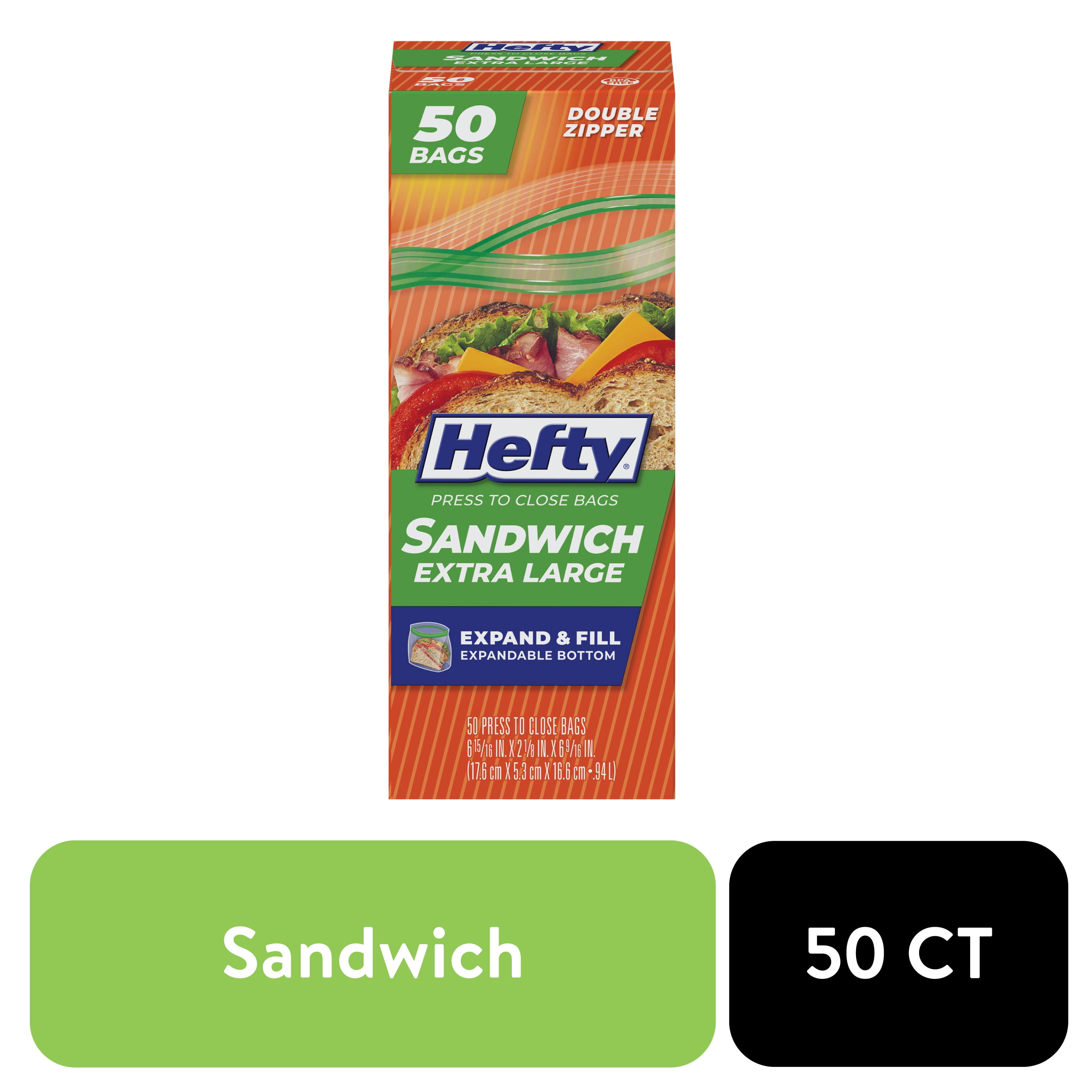 Hefty Press to Close Extra Large Sandwich Food Storage Bags, 50 Count
