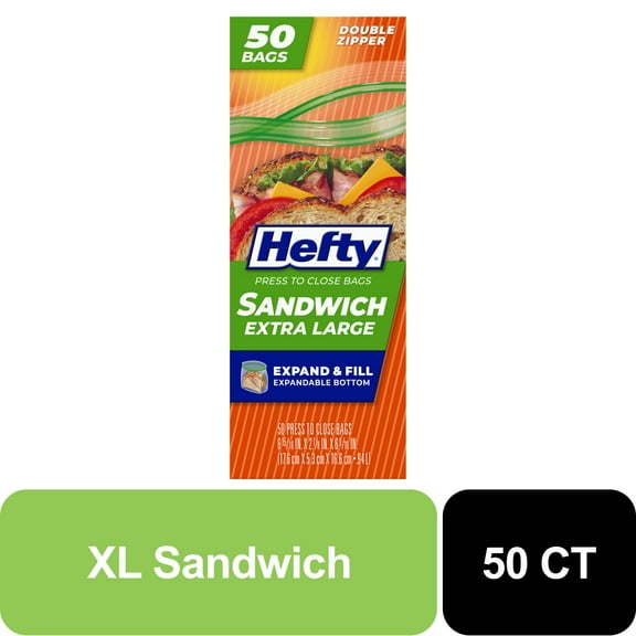 Hefty Press to Close Extra Large Sandwich Food Storage Bags, 50 Count