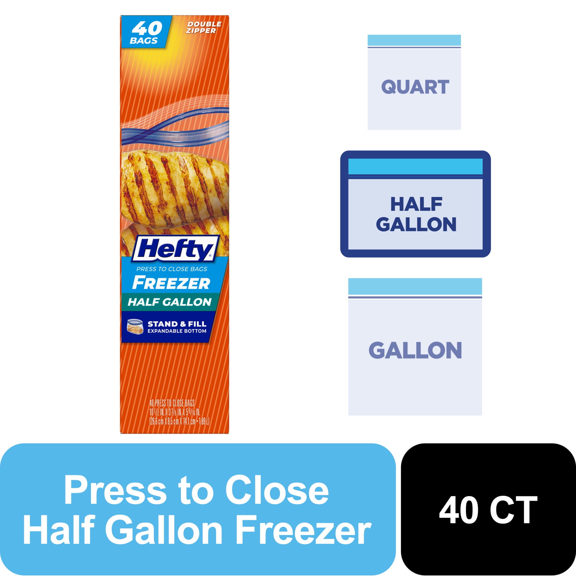 Hefty Press to Close Food Storage Zip Lock Freezer Bags, Half Gallon ...