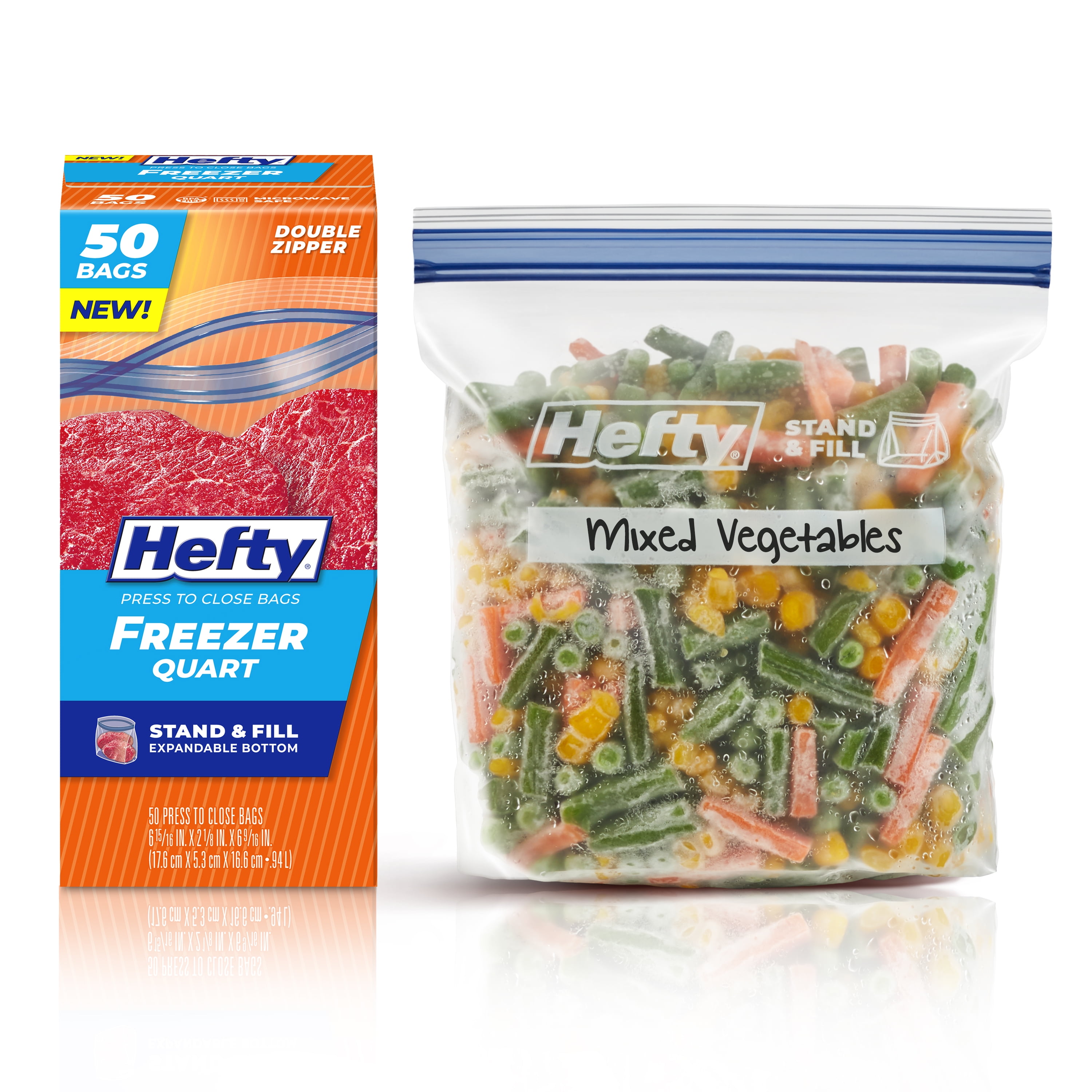 Hefty Press to Close Plastic Freezer Bags, Quart Size, 50 Count
