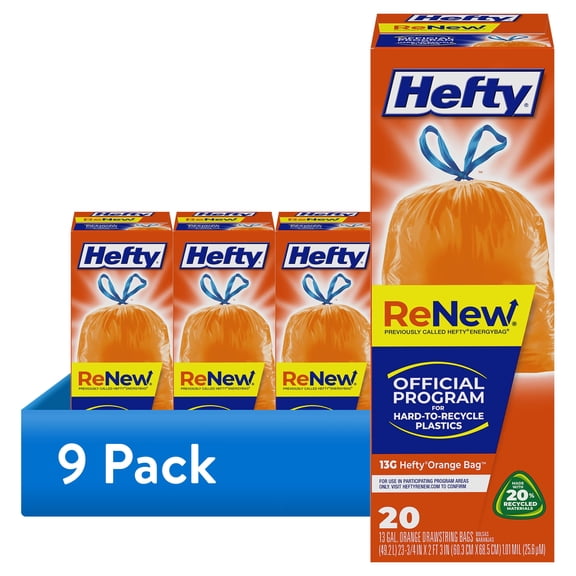 (9 pack) Hefty ReNew Orange Drawstring Bag for Hard to Recycle Plastics, Made with 20% Post-Consumer Recycled Materials, 20 Count