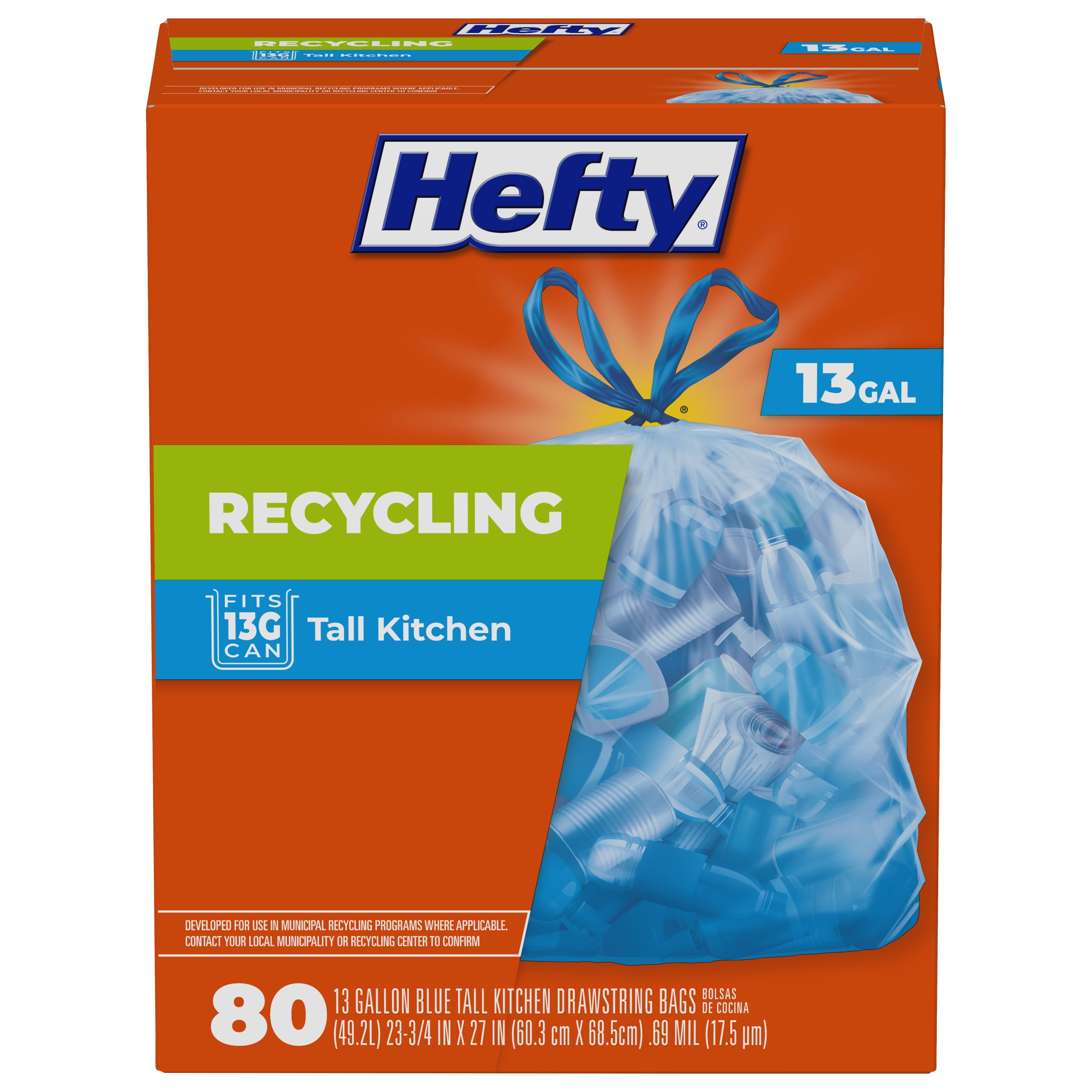 Hefty Recycling Bags, Blue, 13 Gallon, 80 Count