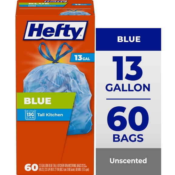 Hefty Blue Trash Bags, Blue, 13 Gallon, 60 Count