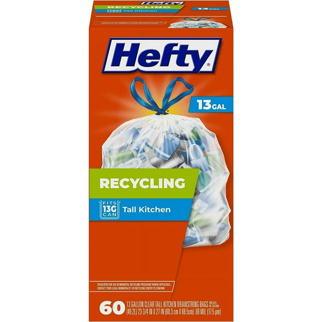 Hefty Recycling Trash Bags, Clear, 13 Gallon, 60 Count