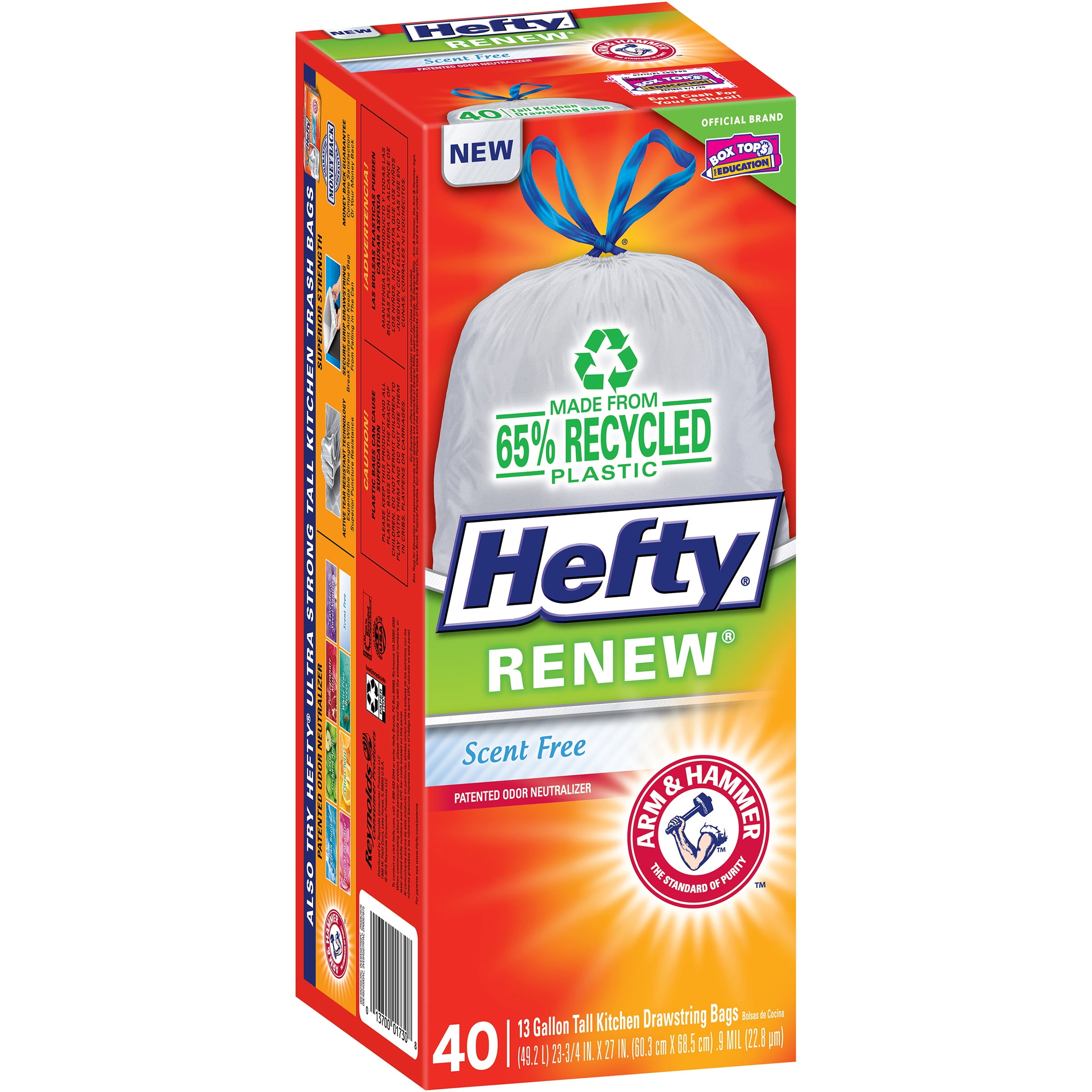 E48240 Hefty Renew Tall Kitchen Trash Bags, Unscented, 13 Gallon, 40 Count
