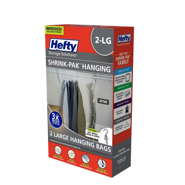 Hefty Vacuum Clothing Seal 2 Large Hanging Compression Storage Bags