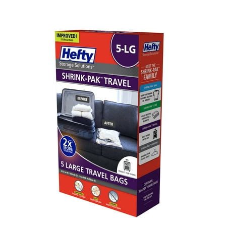 Hefty SHRINK-PAK 5 Large Rolled Compression Travel Bags, Travel Organization, Adults and Tweens