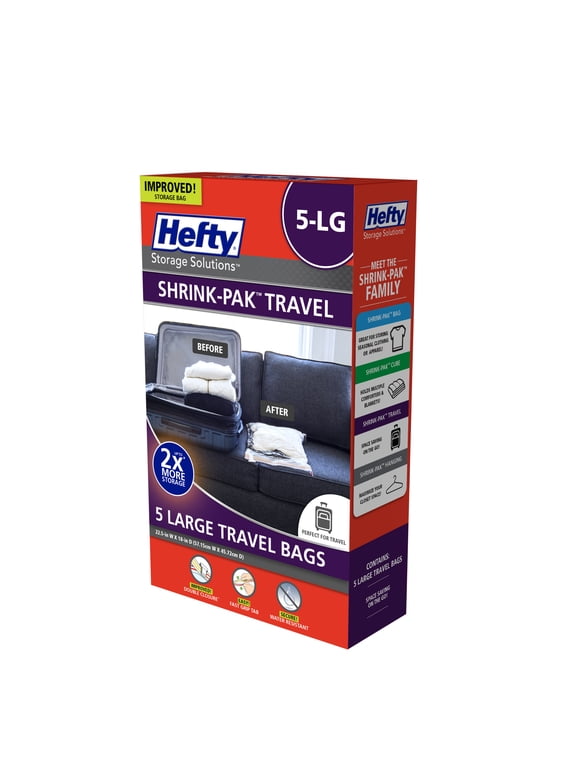 SHRINK-PAK 5 Large Rolled Compression Travel Bags, Travel Organization, Adults and Tweens